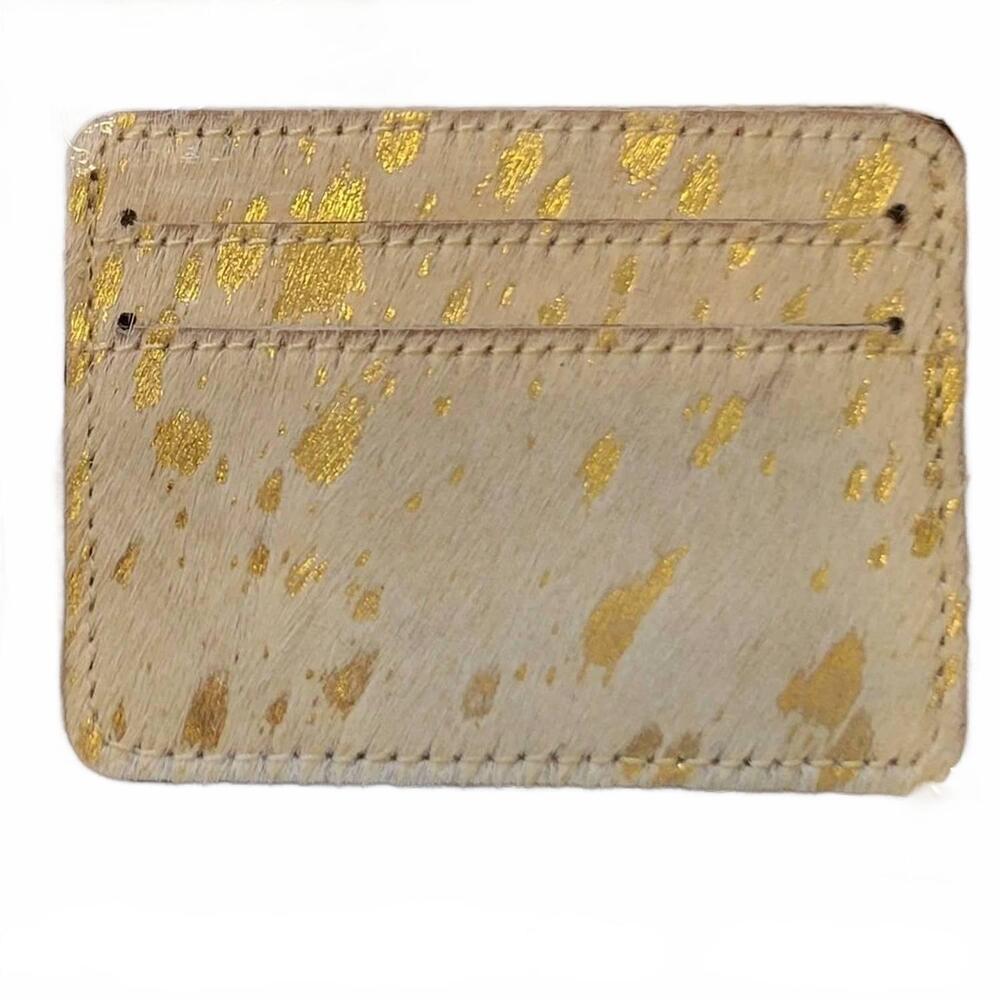NEW BOHO RANCH women's cowhide card holder in white metallic gold